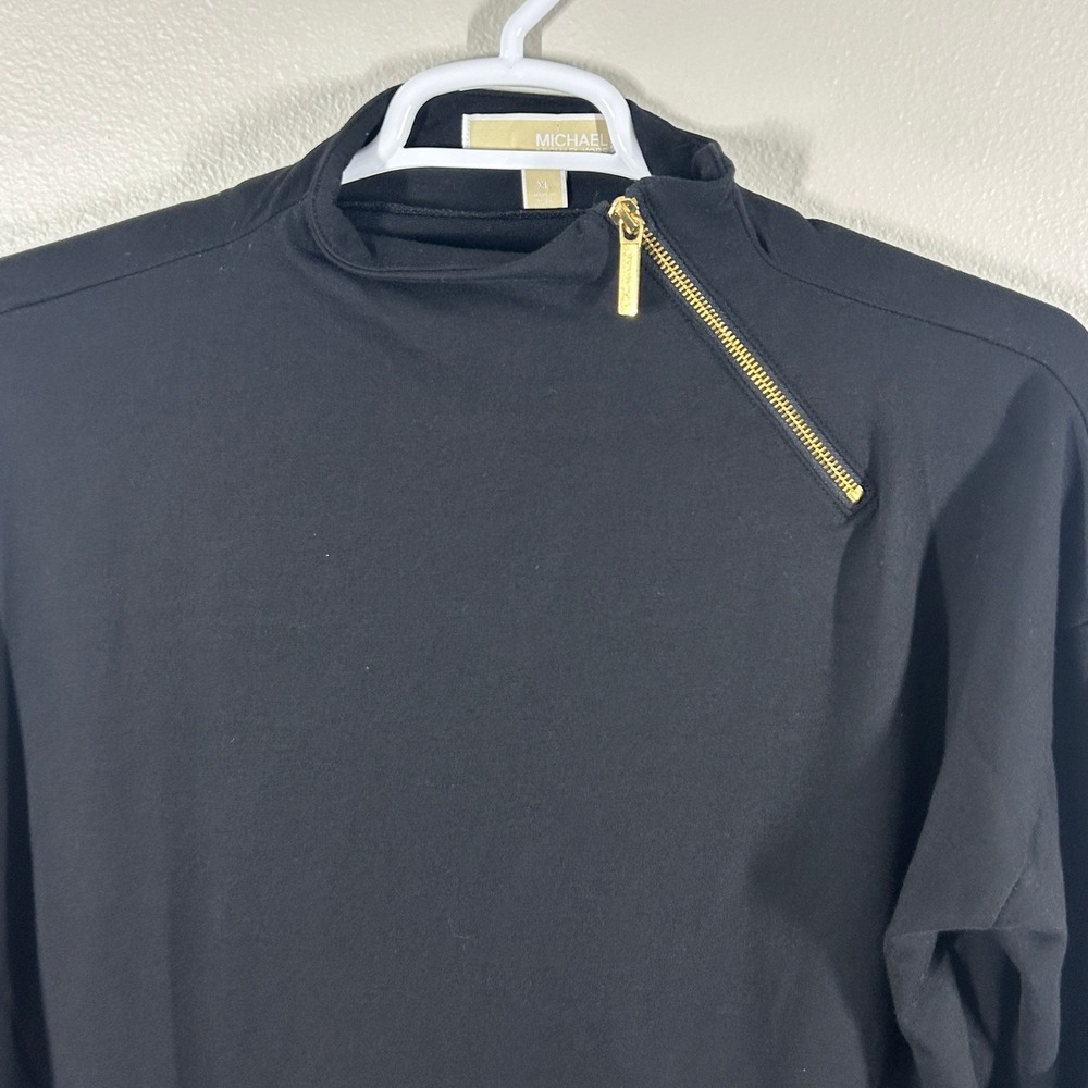 Michael Kors Womens Black Asymmetrical Zip Mock Neck Sweatshirt XL Gold Hardware